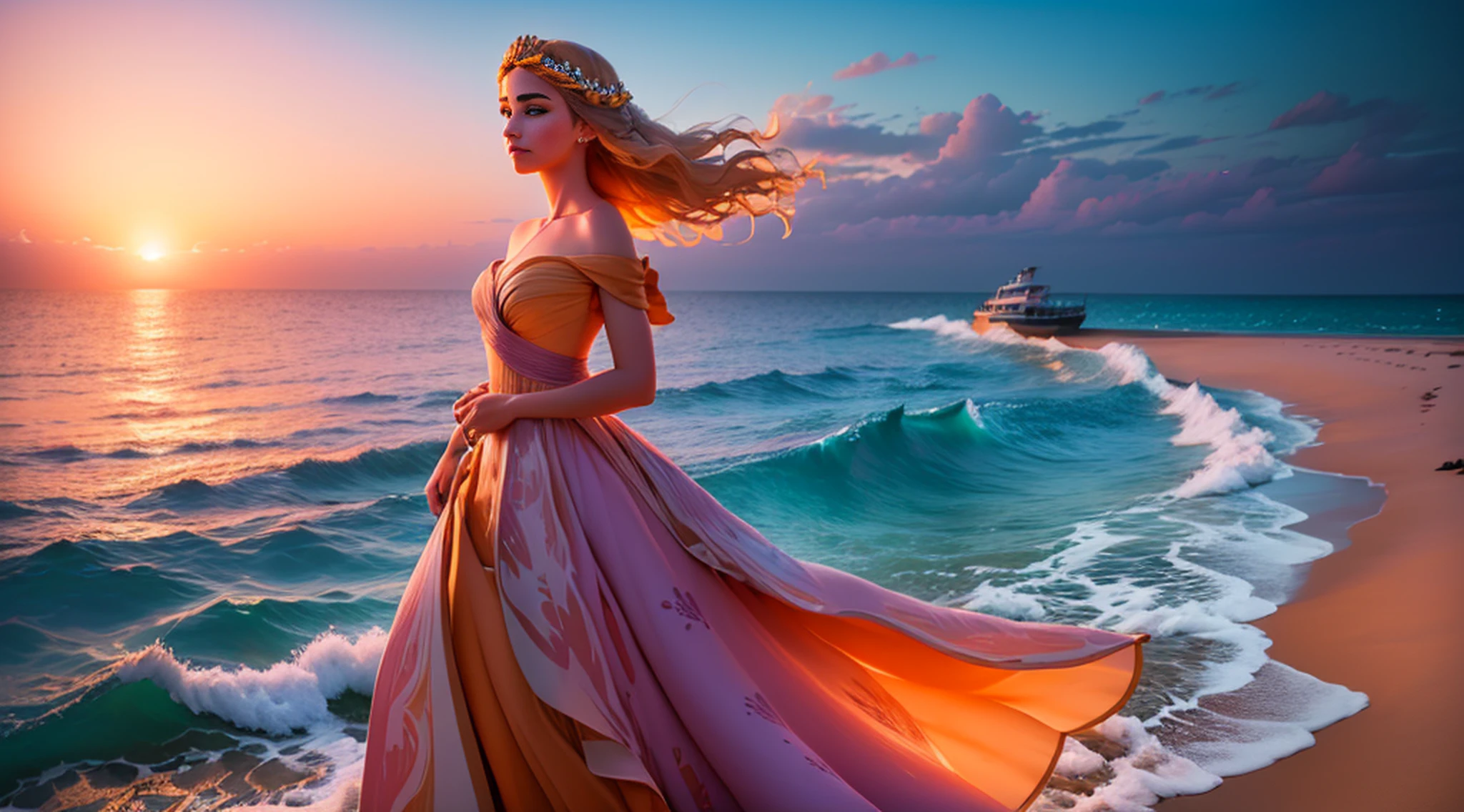 (master part, high resolution, illustration:1.2), Radiant young woman in a flowing dress, (Graceful and ethereal presence:1.1), (sol dourado afundando sob o horizonte:1.2), (suave brisa do mar acariciando suas bochechas:1.2), (Praia tranquila e isolada com palmeiras:1.1), (Pastels painting the sky in shades of pink and orange:1.2), (ondas suaves que atingem a costa arenosa:1.1), (gaivotas deslizando pelo ar:1.2), a moment of enchantment and serenity in the paradisiacal Maldives, Artistic details, Captivating composition.