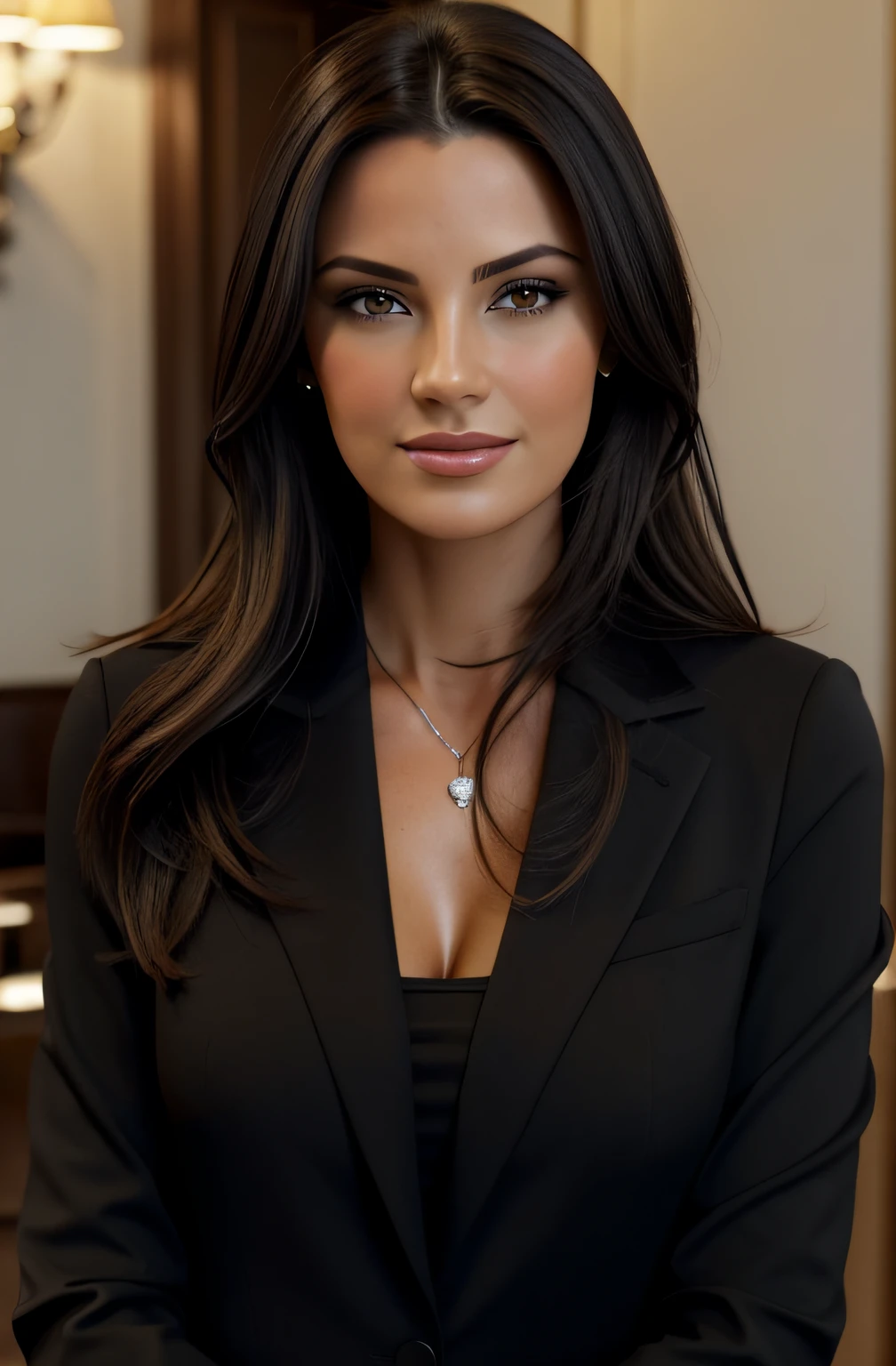 1 femme adulte, cheveux longs, sucks a penis, cheveux de couleur noire, peau lisse, nez long pointu, yeux noirs, sourire, vegetation, Occasionnel, Business women's style clothing, Blaser brun clair, Realstic, with experience in a fancy restaurant, Super realistic 8k, Super detailed and realistic