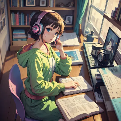 anime character sitting at a table with headphones a book and a cat, lofi girl, lofi art, lofi art style, lofi feel, lofi portra...