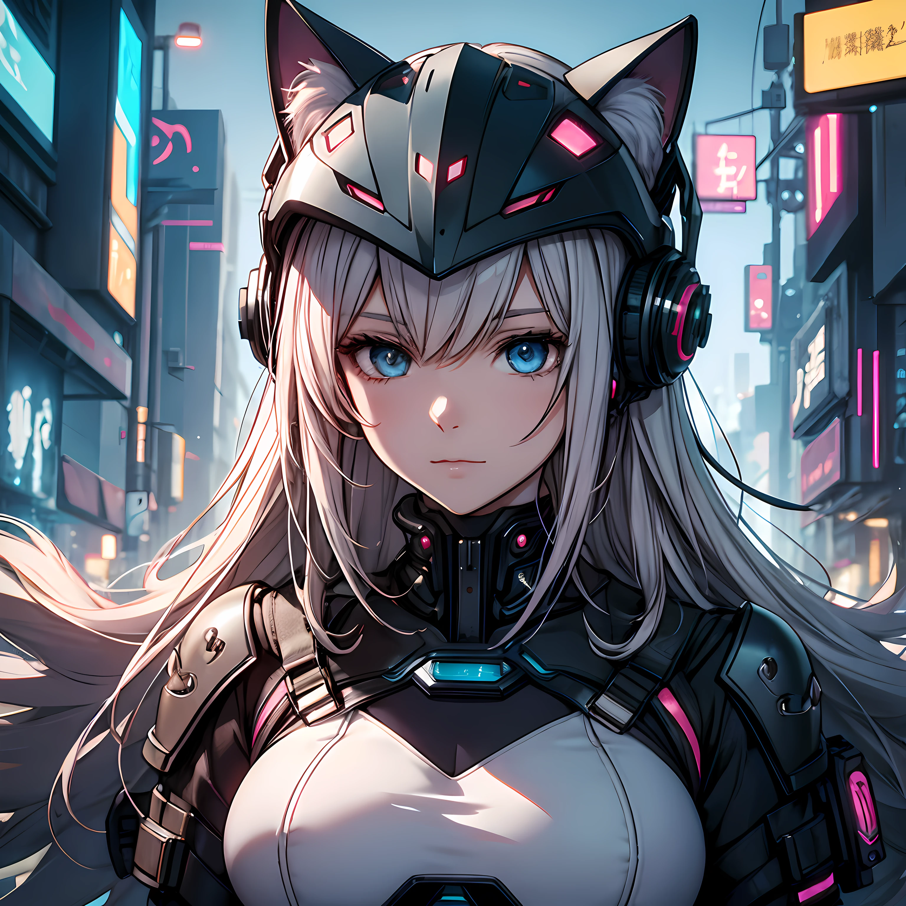 Garota cyberpunk com capacete com orelhas de gato, Escrita delicada e detalhada, mesa, mesa, 8K