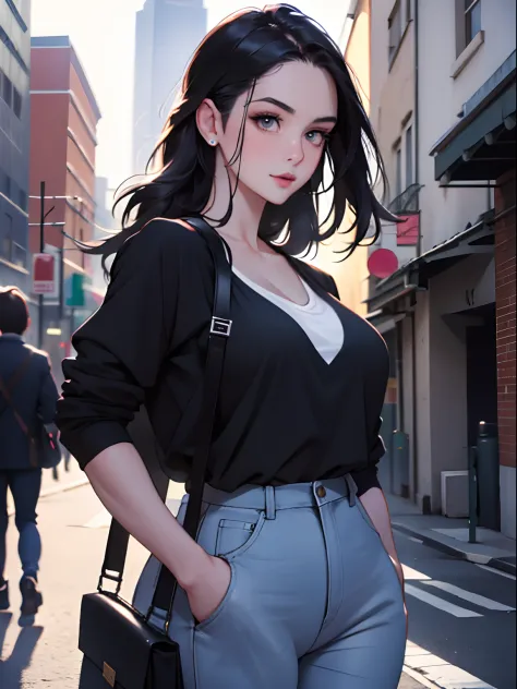 Young woman 25 years old: 1.3, Long black hair: 1.2, Casual wear: 1.2, Daytime: 1.2, On the street: 1.2, Film lighting, Surreali...