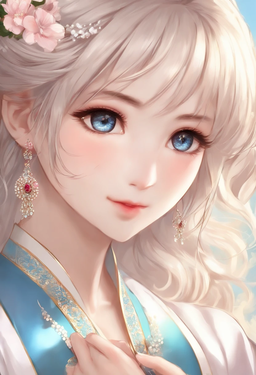 (finely detailed beautiful eyes and detailed face,Side lighting of the masterpiece,master part,best quality,circunstanciado,High resolution illustration),, (1girl,fully body,Bishoujo,Lustrous Skin,looking to the down,Looking at Viewer),, (pink  hair,blue colored eyes,cinta,Hanbok, korean clothes), (ful dressed_Underbust:1.2),underboob,