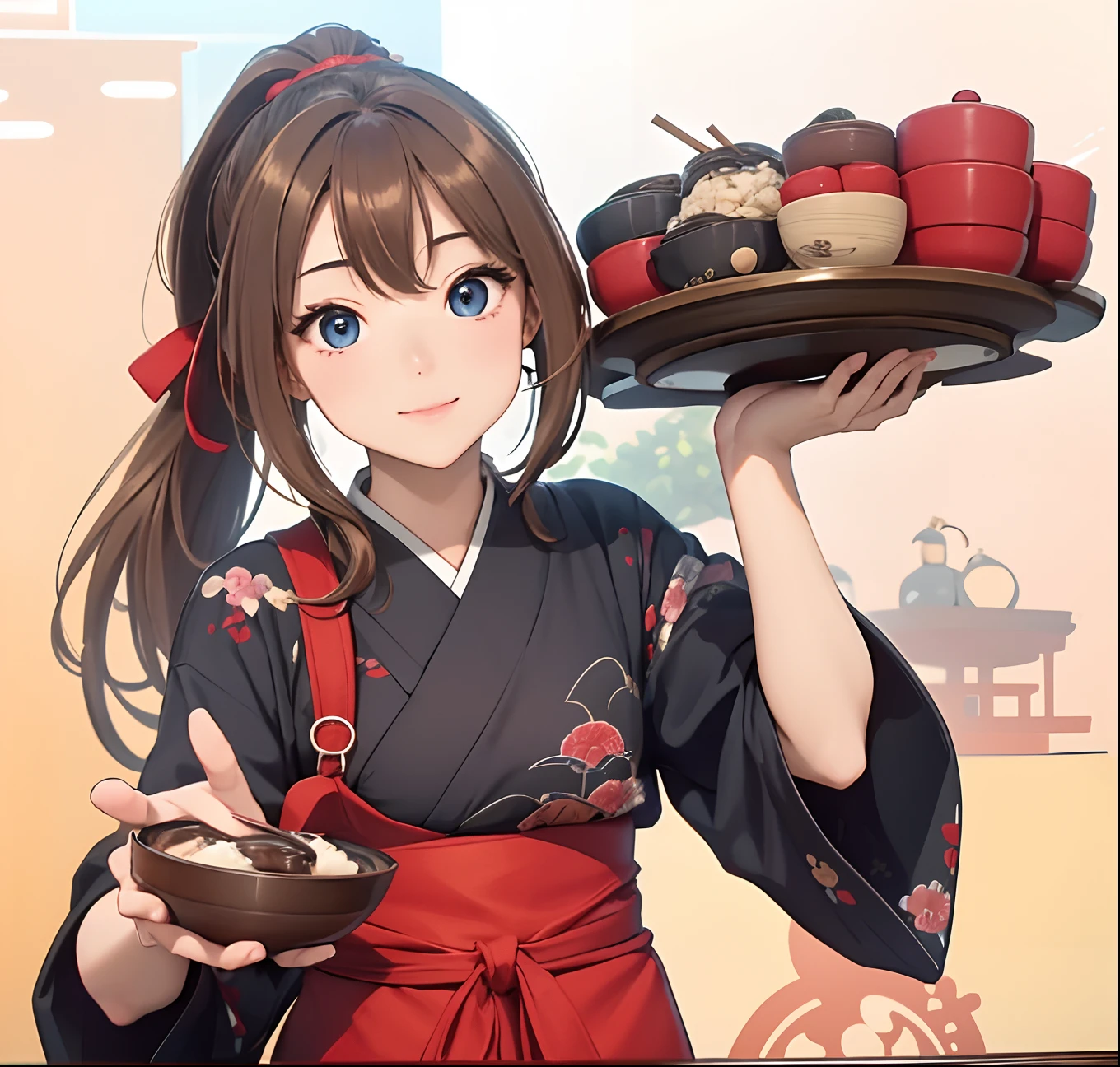 masuter piece, Best Quality, Photorealsitic、8K Wallpapers, (beautidful eyes), ((Beautiful)), (lovely), ,(((1girl in))),23years old,((a girl holding a tray、Lots of soba bowls on a tray、Red soba bowl))、(Japanese restaurant、There are many soba bowls on the table.......、store clerk)、(Japanese dress)（Brown Hair Ponytail）