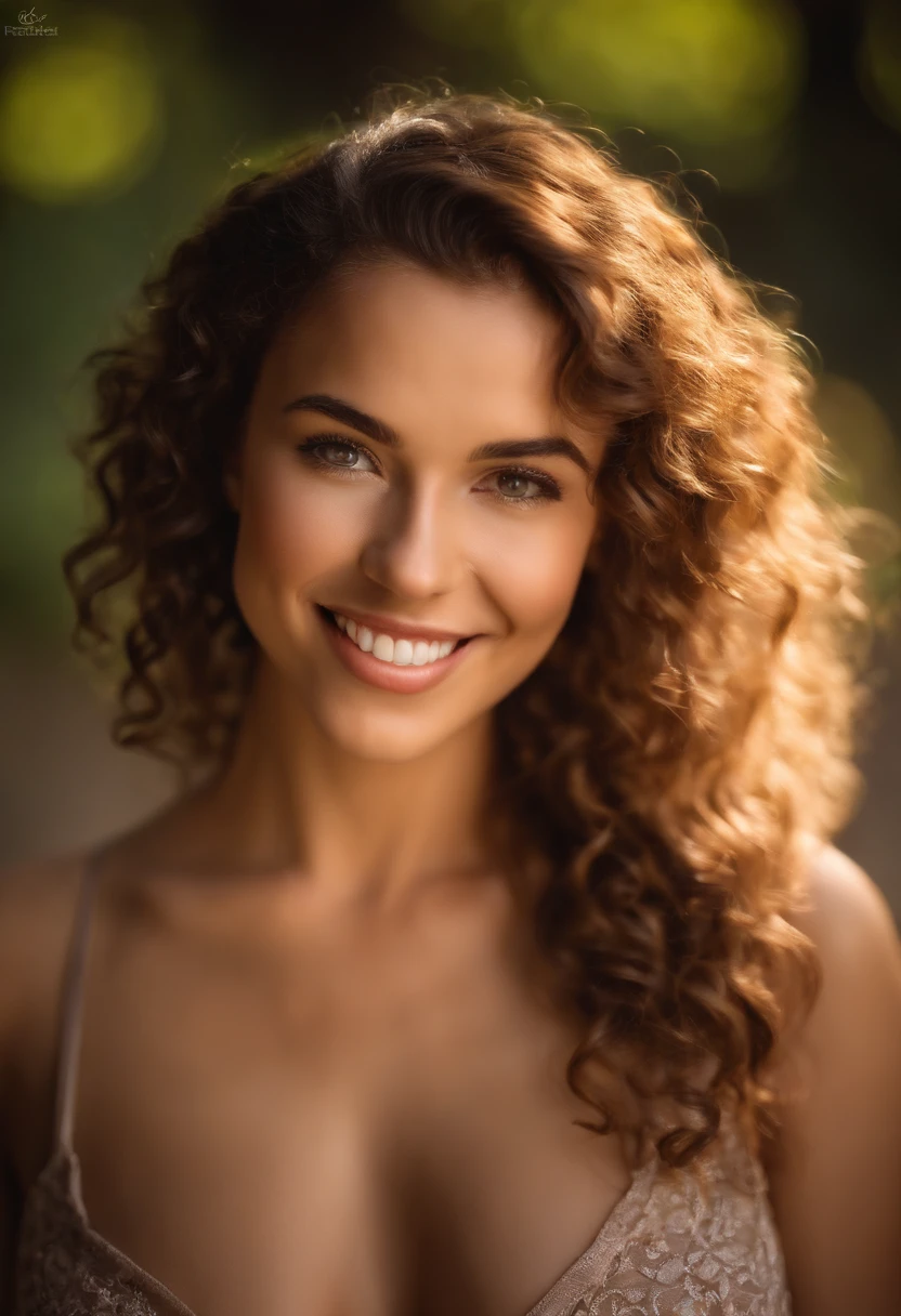 A woman with long curly hair and a bra top smiling - SeaArt AI