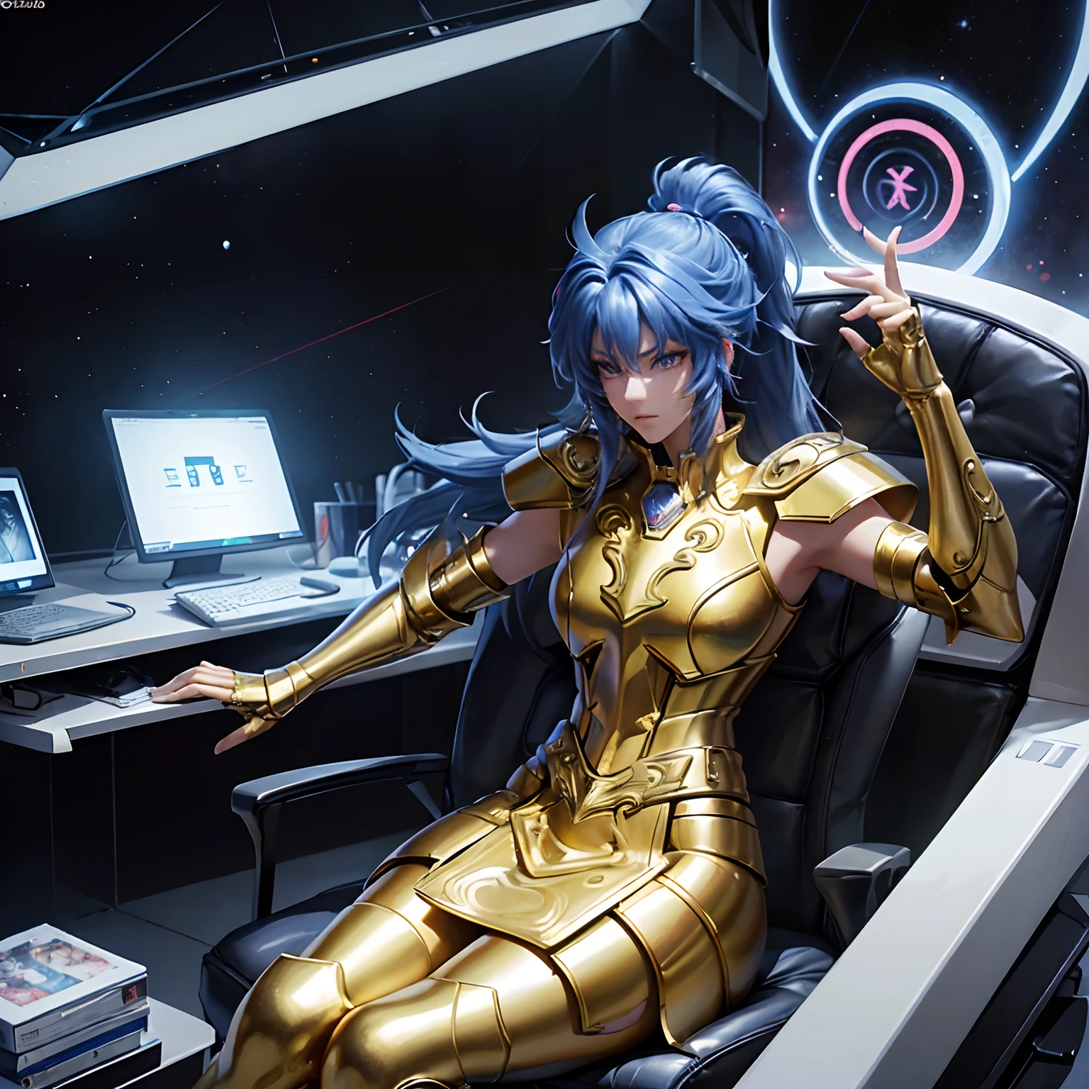 (8k, La mejor calidad, obra maestra:1.2) Two women in electronic armor holy seiya gemini，Instant noodles，Estilo Cyber Punk，Chicas de deportes，Usa auriculares de estilo saint seiya ，Cabello azul-rosa，Sit in a gaming chair，El arte de fichar