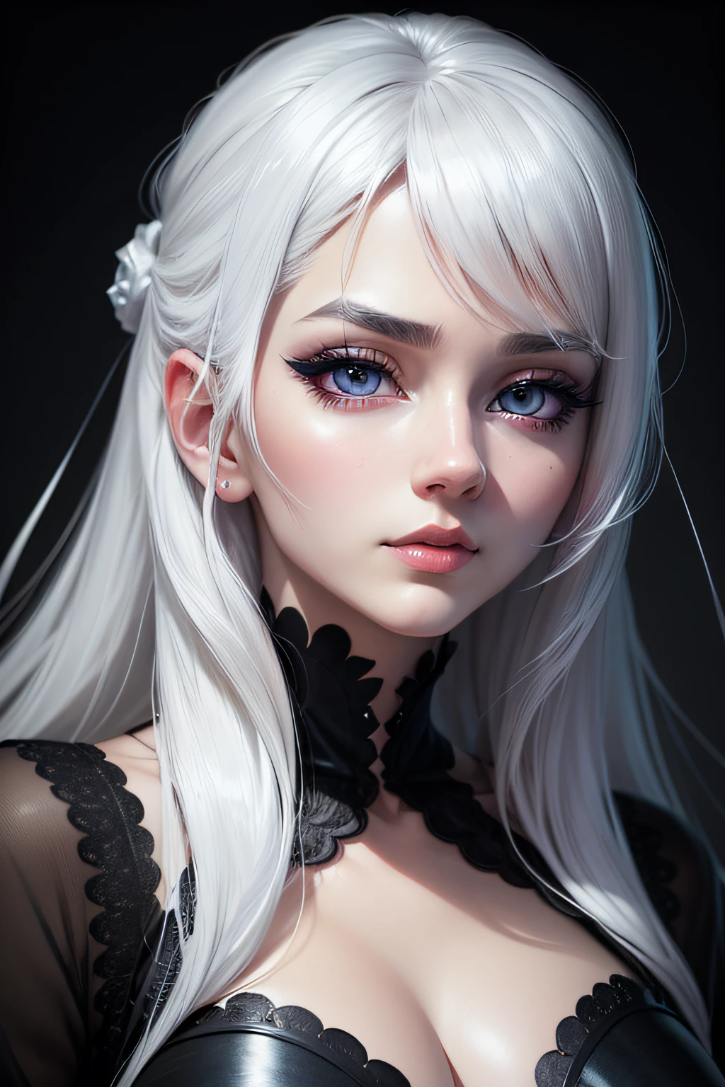 beautiful detailed eyes, beautiful detailed lips, extremely detailed face, long eyelashes, white hair, dark background, intense lighting, anime style, vibrant colors, high resolution, seductive pose, captivating expression, alluring atmosphere.