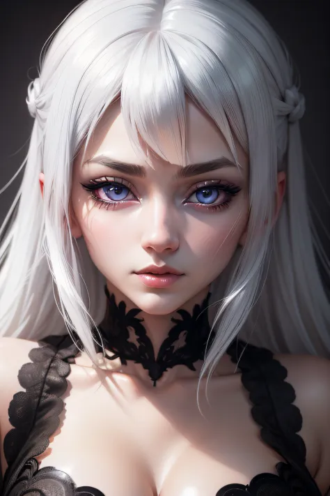 beautiful detailed eyes, beautiful detailed lips, extremely detailed face, long eyelashes, white hair, dark background, intense lighting, anime style, vibrant colors, high resolution, seductive pose, captivating expression, alluring atmosphere.