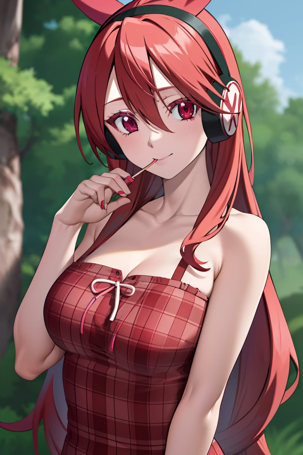 8k, highres, ultra detailed, (masterpiece:1.4), 1girl, solo, looking at viewer, upper body, chelsea, long hair, red hair, red eyes, ribbon, mouth hold, lollipop, headphones, plaid