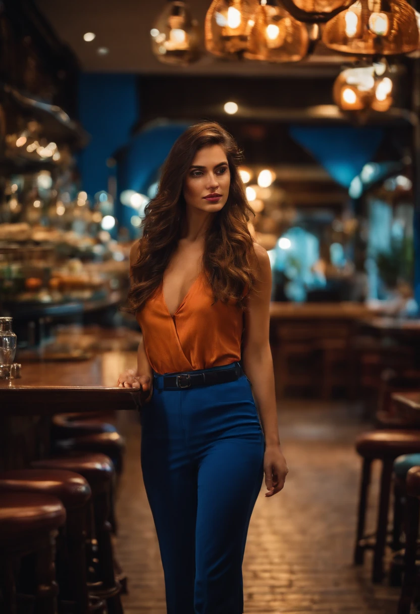 Thin brunette woman about 23 years old, caminando por la calle, sin ropa,  ojos azules, fotorrealista in restaurant - SeaArt AI