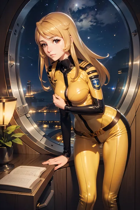 (masterpiece, best quality:1.2), (cowboy shot:1.1), solo, 1girl, mori yuki, slight smile, closed mouth, looking at viewer, blonde hair, thigh gap, (unzipped bodysuit:1.5), slight smile, leaning forward, side view, yellow bodysuit, skin tight, belt, large w...