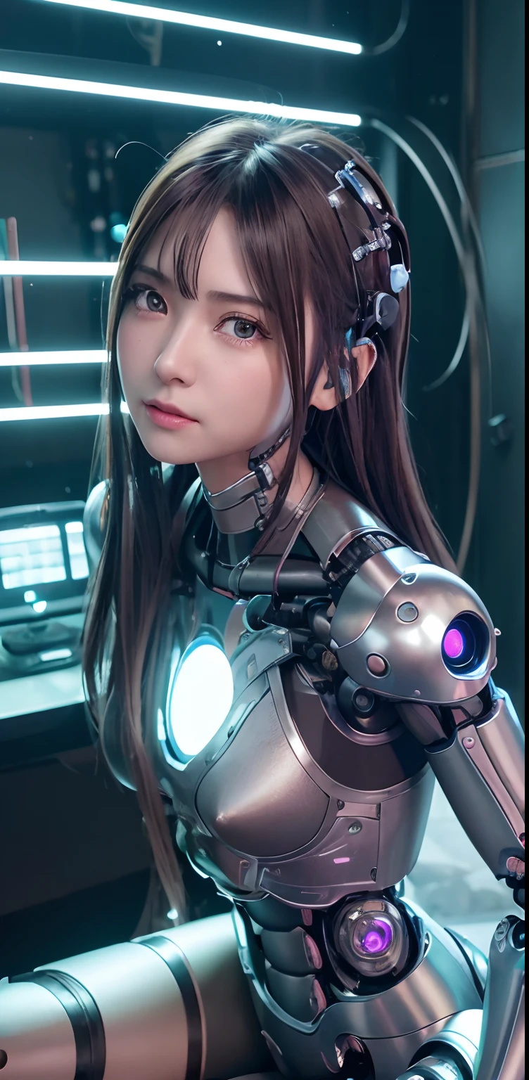 top-quality、​masterpiece、超A high resolution、(Photorealsitic:1.4)、((a beauty girl:1.6)), 1 full-body cyborg girl、sixteen years old、NOhumans、((The skin part is only the face)), Luminous Eyes、((Lots of split metal chest protectors)), Metal Robot、((The whole body is the body of a combat robot))、((Body parts are robot parts:1.8))、((The internal mechanisms of the chest are exposed)), ((Mechanical chest armor with LED indicators and meters)), Robot arms and legs、((Exposed metal skeleton of the abdomen))、Metal skeleton of the cervical region、Under repair、destroyed body、Metal Mechanical Bra、Full Body Metal Skin、Metal bodysuit、Metal scales covering the whole body、body made of metal、Whole body metal、a beauty girl、prosthetic hand、artificial leg、Full body cyborg、Exposed metal skeleton、Asian Beauty、cyberpunked、steampunc、Inside the futuristic space battleship、laboratory、Complex 3d rendering beautiful porcelain profile ultra detailed female type android face、dark brown  hair、glowy skin、((super realistic details))、portlate、globalillumination、Shadow、octan render、metals、Details of complex ornaments、Japan details、highly intricate detail、Realistic light、CGSoation Trends、a purple eye、radiant eyes、Facing the camera、neon details、Mechanical limbs、blood vessels connected to tubes、Mechanical vertebrae attached to the back、mechanical cervical attaching to neck、sitting on、Wires and cables connecting to the head、Gundam、Small LED lamp、​masterpiece、 Metal Robot、body made of metal、Whole body metal、prosthetic hand、artificial leg、Full body cyborg、Exposed metal skeleton、Asian Beauty、cyberpunked、steampunc、Futuristic cities、laboratory、Complex 3d rendering beautiful porcelain profile super detailed female android face、cyborgs、roboticparts、150mm、beautiful studio soft light、Rim Lights、vibrant detail、luxuriouscyberpunk、Ren Hao、surrealistic、Anatomical、face muscles、cable electric wires、microchips、elegent、beatiful backgrounds、octan render、HR Giger Style、8K、top-quality、​masterpiece、illustratio、extremely delicat