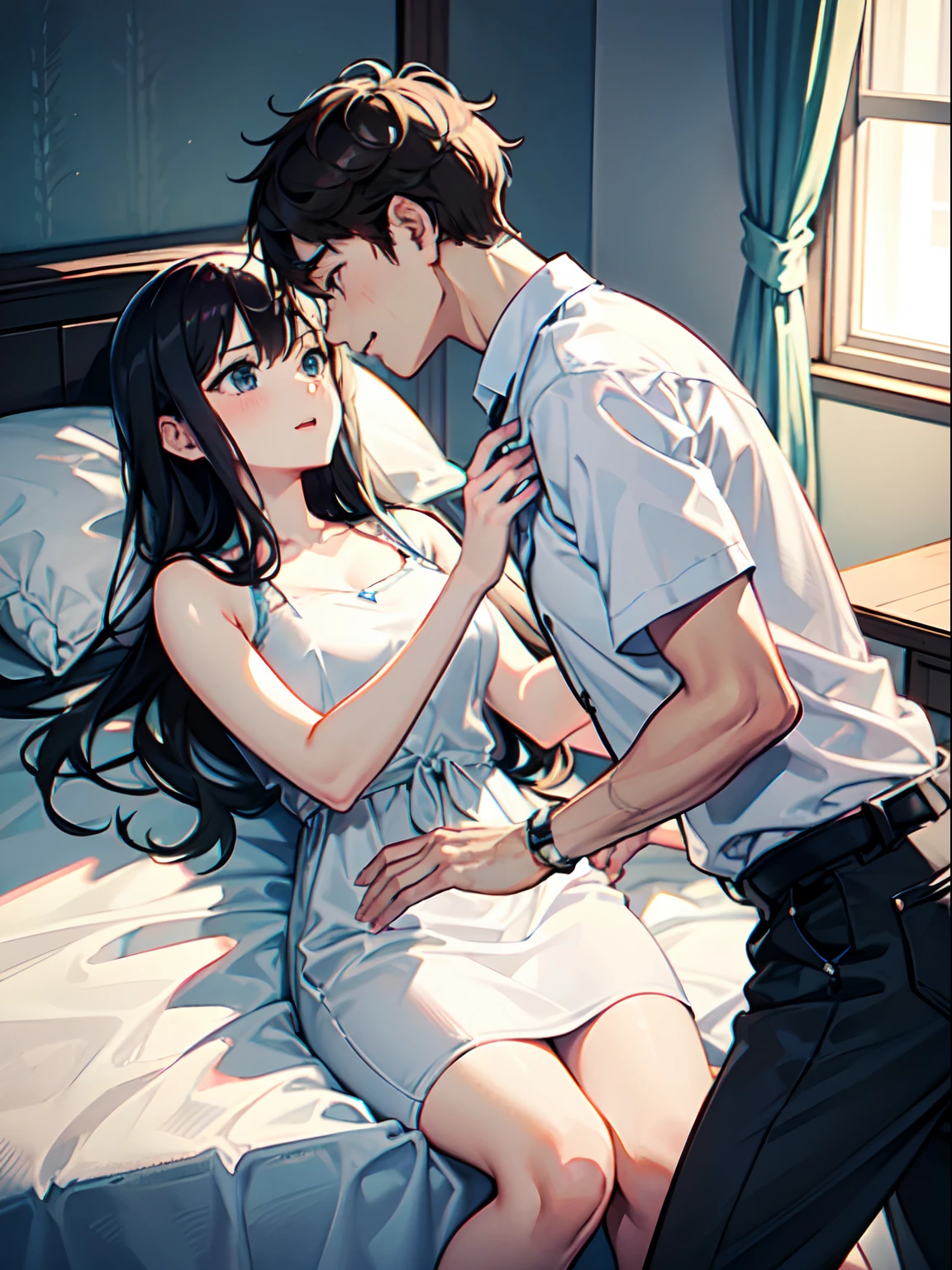 Anime couple in bed with blue curtains and window - SeaArt AI