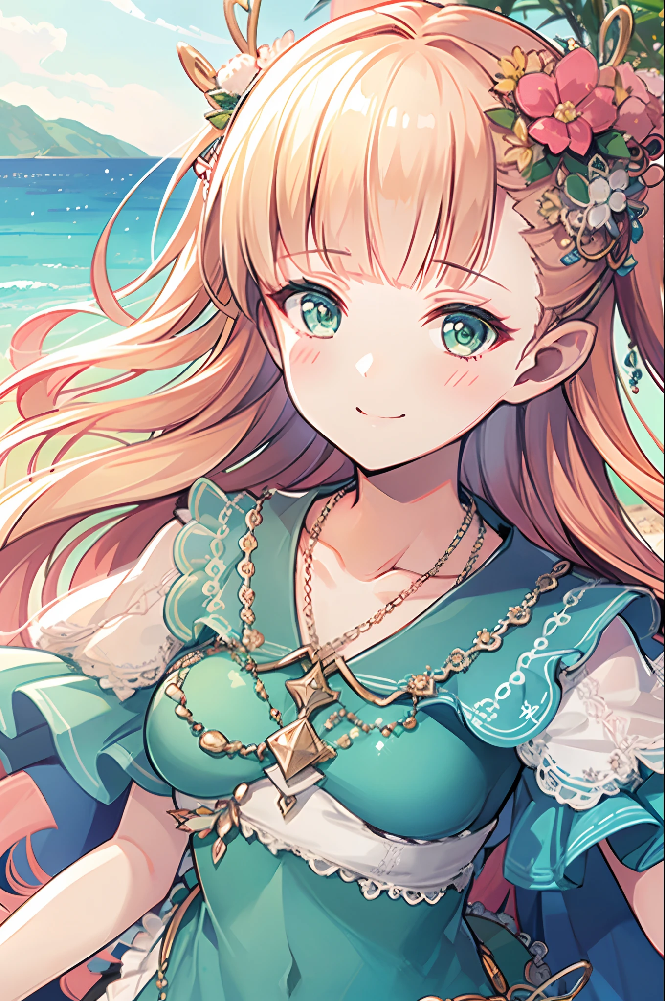 lisa rottlander, 8k, ultra-detailed, Masterpiece, best quality, green eyes, blonde hair, hair ornaments, long hair, middle chest, perfect lighting, sea side town, day, summer dress, ((close up face)), portrait, bokeh, dynamic angle , kidding smile