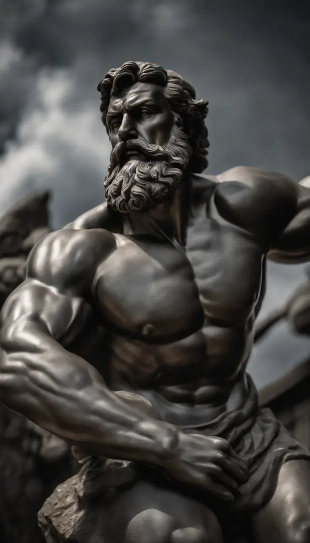 a close up of a statue of a man with a beard, a statue inspired by Exekias, featured on zbrush central, digital art, statue of hercules looking angry, muscular character, realistic 8k bernini sculpture