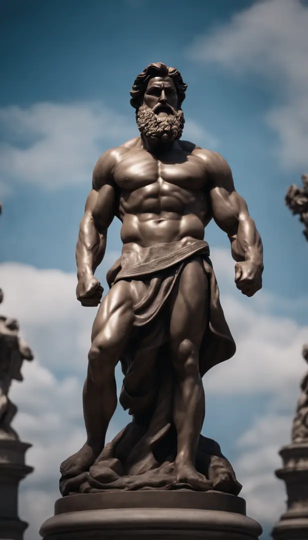 a statue of a man with a beard, a statue inspired by Exekias, featured on zbrush central, digital art, statue of hercules looking angry, muscular character, realistic 8k bernini sculpture