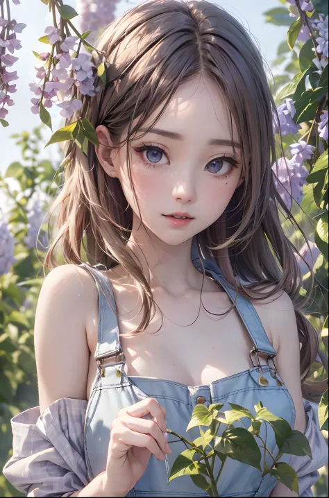 absurderes, ultra-detailliert,bright colour,(in 8K:1.3),masuter piece,extremely beautiful detailed face and eyes,vineyard、Lilac skin、Summer morning、Guibli、Valley、blue-sky,Naked Dungaree