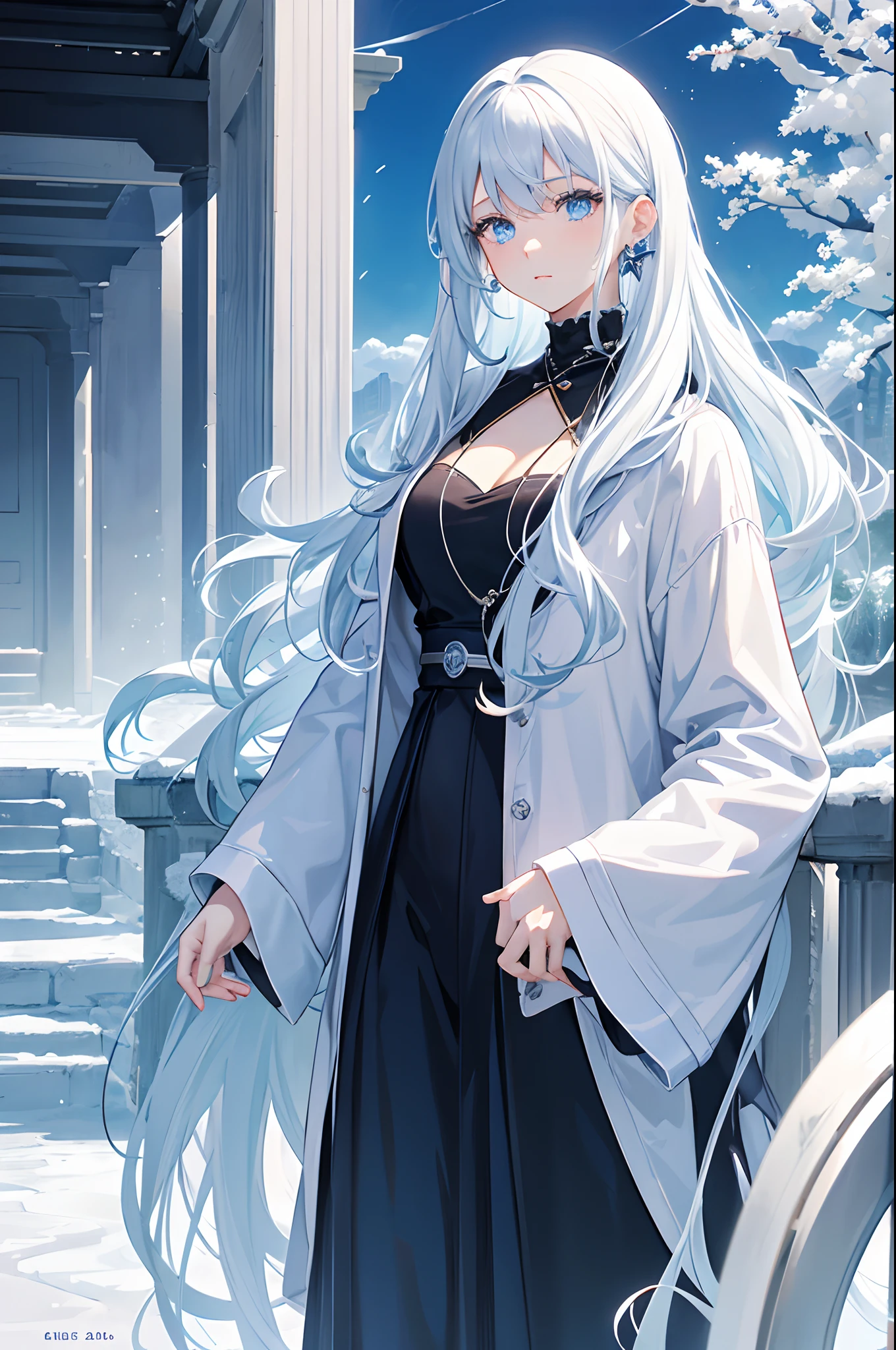 Anime girl with long white hair and blue eyes standing in front of a  building - SeaArt AI