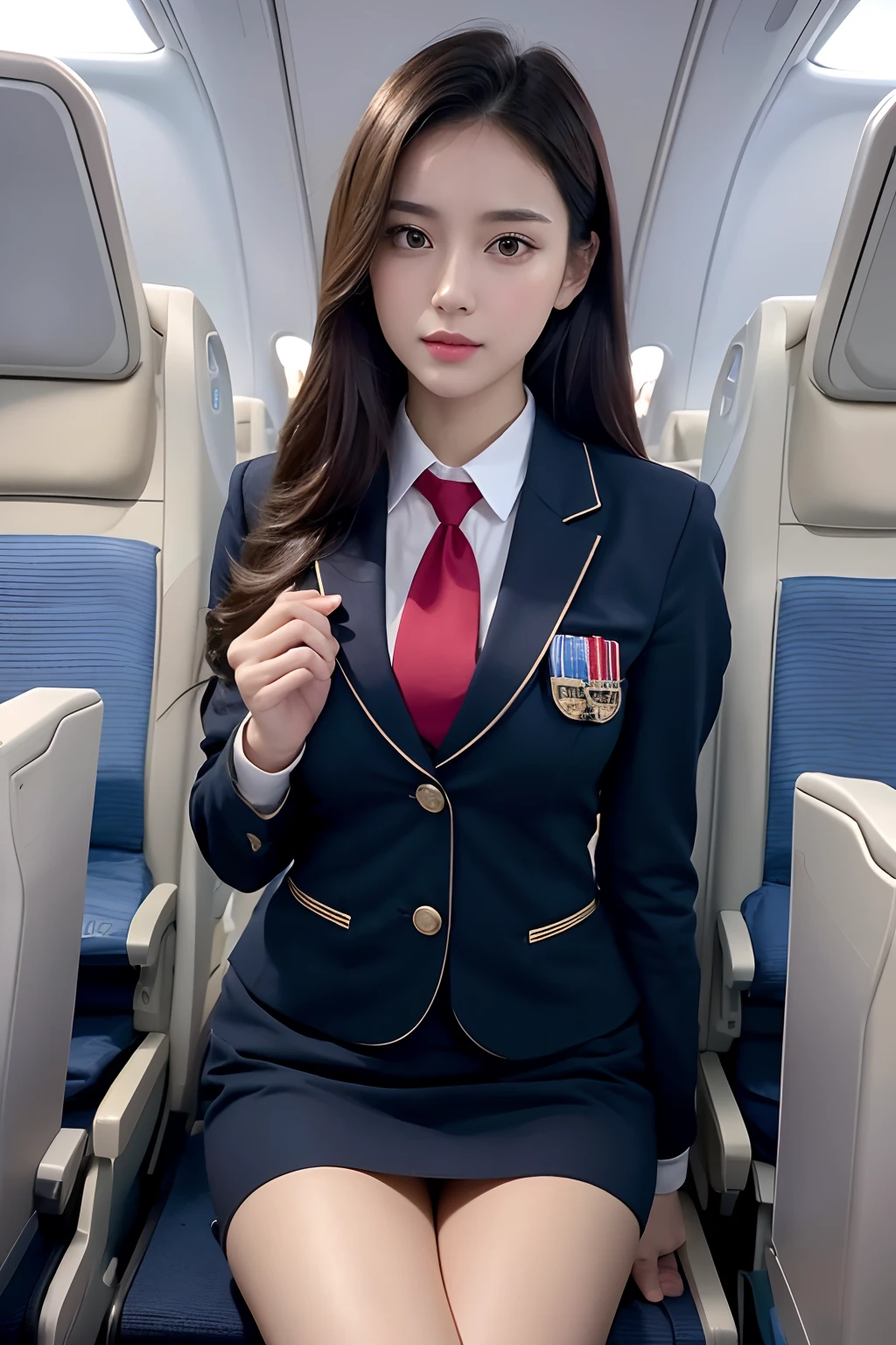 Top Quality, Masterpiece, 8K, Ultra High Definition, (Photorealistic: 1.4), 1 Girl, Beautiful Face, Symmetrical Eyes, Big, Perfect Body Proportions, Stewardess Uniform, Viewer's Look, (Inside the Airplane: 1.2), Front View, Shoulder Jump, Absolute Area (1.3),