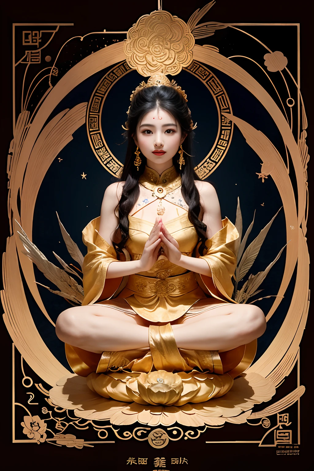 ancient chinese goddess, guanyin of the southern seas, guanyin, Inspired by India, Avalokiteşvara rides in Phoenix，,serene expressions,shui mo hua,Buddha,budista,lotuses,chinese painting style,Thangka style