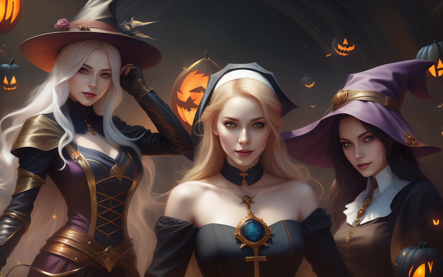 The art of lighting，Super realistic，Super HD，with a determined look in his eyes，From left to right, Three were female lords at the same time，lewd nun，The Witch，Woman posing for photo in costume and hat, WLOP et Artgerm, Artgerm et WLOP, halloween art style, Fantasy art style, dark fantasy style art, Style Artgerm, Artgerm style, astri lohne, dark witch character, artgerm and rossdraws, fantasy style art, 3a game, 3D modeling face，Halloween background style，Pumpkins with grimats