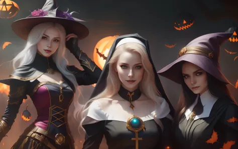 The art of lighting，Super realistic，Super HD，with a determined look in his eyes，From left to right, Three were female lords at the same time，lewd nun，The Witch，Woman posing for photo in costume and hat, WLOP et Artgerm, Artgerm et WLOP, halloween art style...