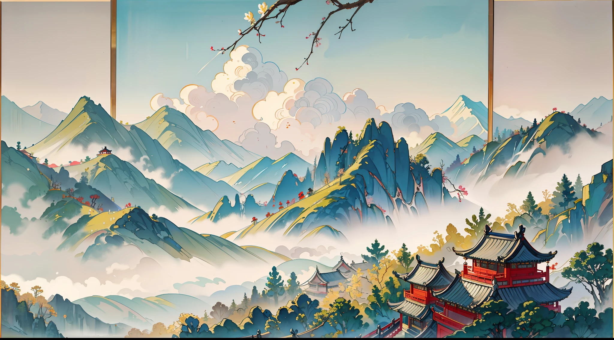 Pintura a tinta de uma paisagem serena de montanha com crisântemos durante o Festival do Duplo Nono na China. A arte é inspirada no estilo de Ni Chuanjing e apresenta cores limpas e vibrantes. A técnica de lavagem de tinta é lindamente renderizada com pinceladas suaves e elegantes, criando uma sensação de tranquilidade e harmonia. A composição é cuidadosamente trabalhada com recortes decisivos e uso deliberado de espaços vazios, permitindo uma representação equilibrada e expressiva. Esta obra-prima captura cada detalhe intrincado do cenário, apresentando uma obra de arte visualmente impressionante e de alta qualidade. A estética antiga da pintura evoca um sentimento de nostalgia e cultura tradicional chinesa.