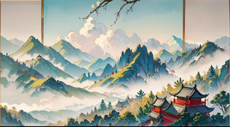 Ink wash painting of a serene mountain landscape featuring chrysanthemums during the Double Ninth Festival in China. The artwork...