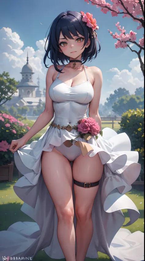 Kujou Sara| genshin impact, master-piece, bestquality, 1girls,25 years old, proportional body, proportional., Wedding Dresses, White Wedding Dress, Long skirt, Big skirt, mediuml breasts, ,bara, choker, Standing in the middle of a flower garden, outdoor, T...