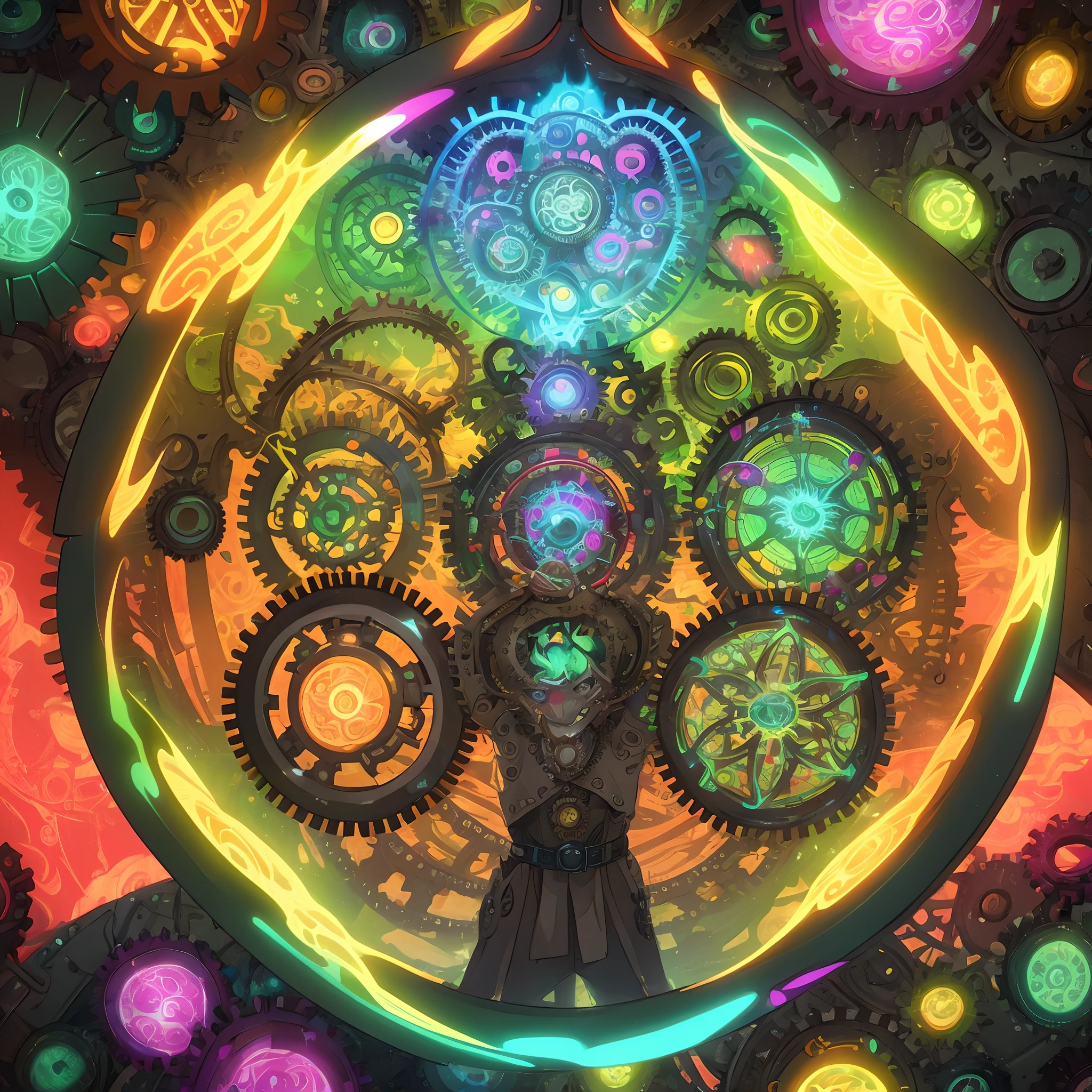 Create a vivid and detailed description of a psychedelic mechanical elf with intricate, iridescent gears and cogs, fluorescent patterns dancing across its metallic surface, and eyes that radiate a mesmerizing kaleidoscope of colors. Capture the otherworldly essence and mischievous spirit that Terence McKenna often associated with these entities in his writings.