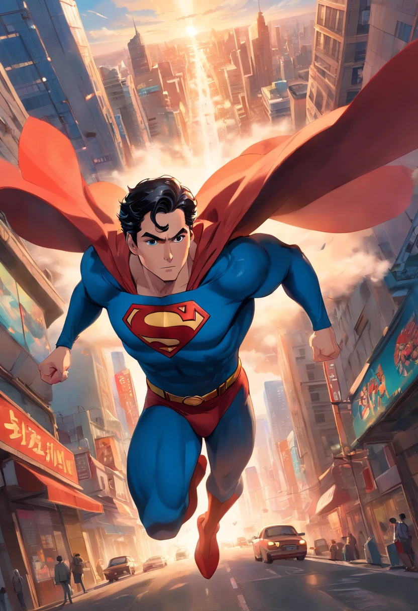 (highres, realistic:1.37), Superman flying over a bustling city, vibrant colors, detailed cityscape, detailed clouds, strong backlighting, heroic pose, cape fluttering in the wind, iconic "S" logo, tall skyscrapers, busy streets, moving vehicles, shiny glass windows, transparent buildings, futuristic architecture, people looking up in awe, dynamic composition, powerful energy radiating from Superman, intense focus on Superman's face, determined expression, confident stance, billowing smoke, realistic textures, shadows and highlights emphasizing depth, realistic city lights, dramatic sunset sky, cinematic feel, iconic superhero