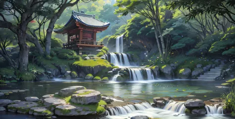 Ancient korean architecture, midnight, bamboo, lake, stone bridge, arch, corner, rockery, tree, flowing water, landscape, outdoor, waterfall, meadow, rock, water lily, stream, lotus, hot springs, water vapor, (Illustration: 1.0), epic composition, realisti...
