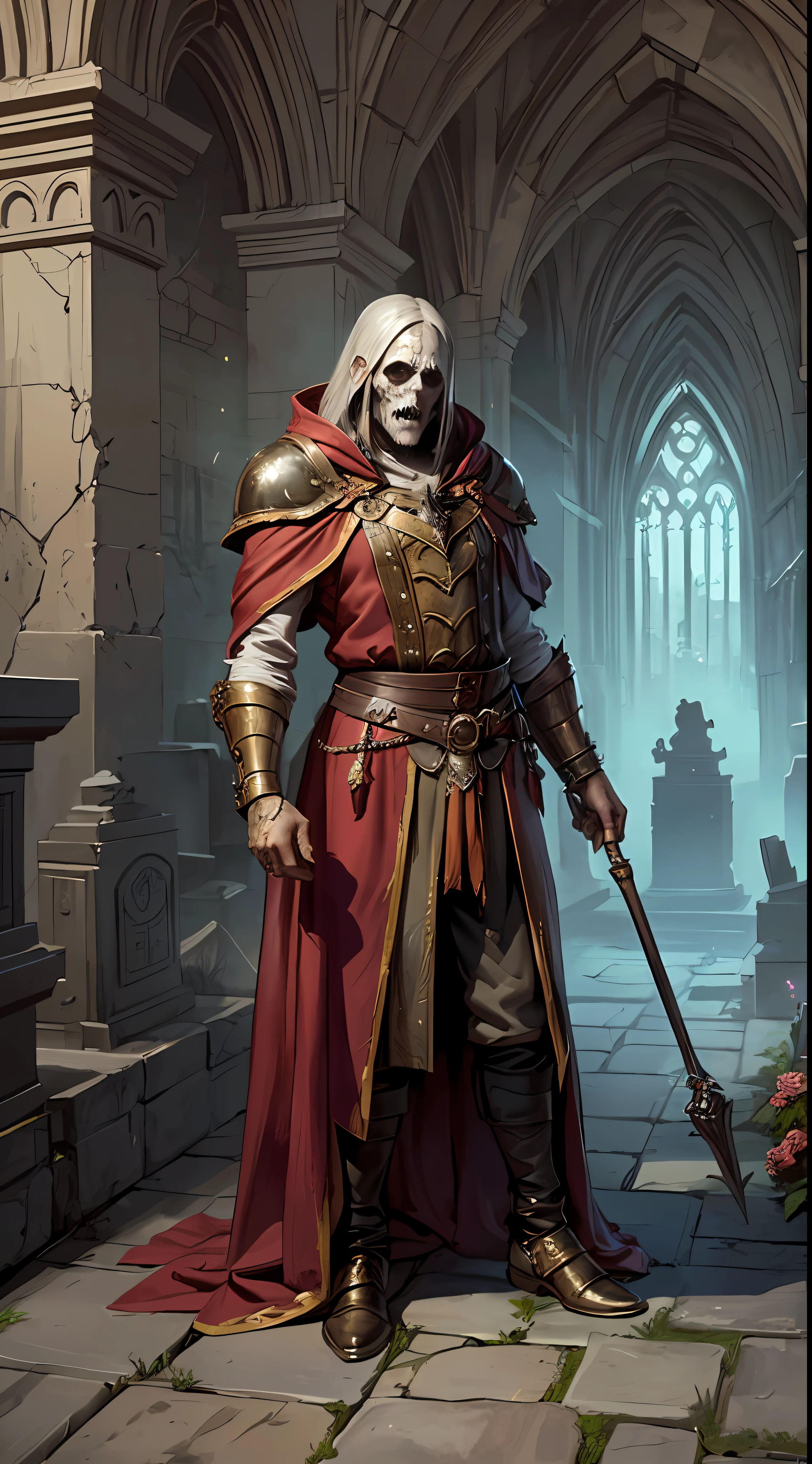 Un elfe mâle nécromancien, avec des détails réalistes, Manipulation de la magie sur un mort-vivant dans le cimetière gothique médiéval. (Hyper-réalisme:1.2, D&art fantastique:1.1, tendance art station:1.1)