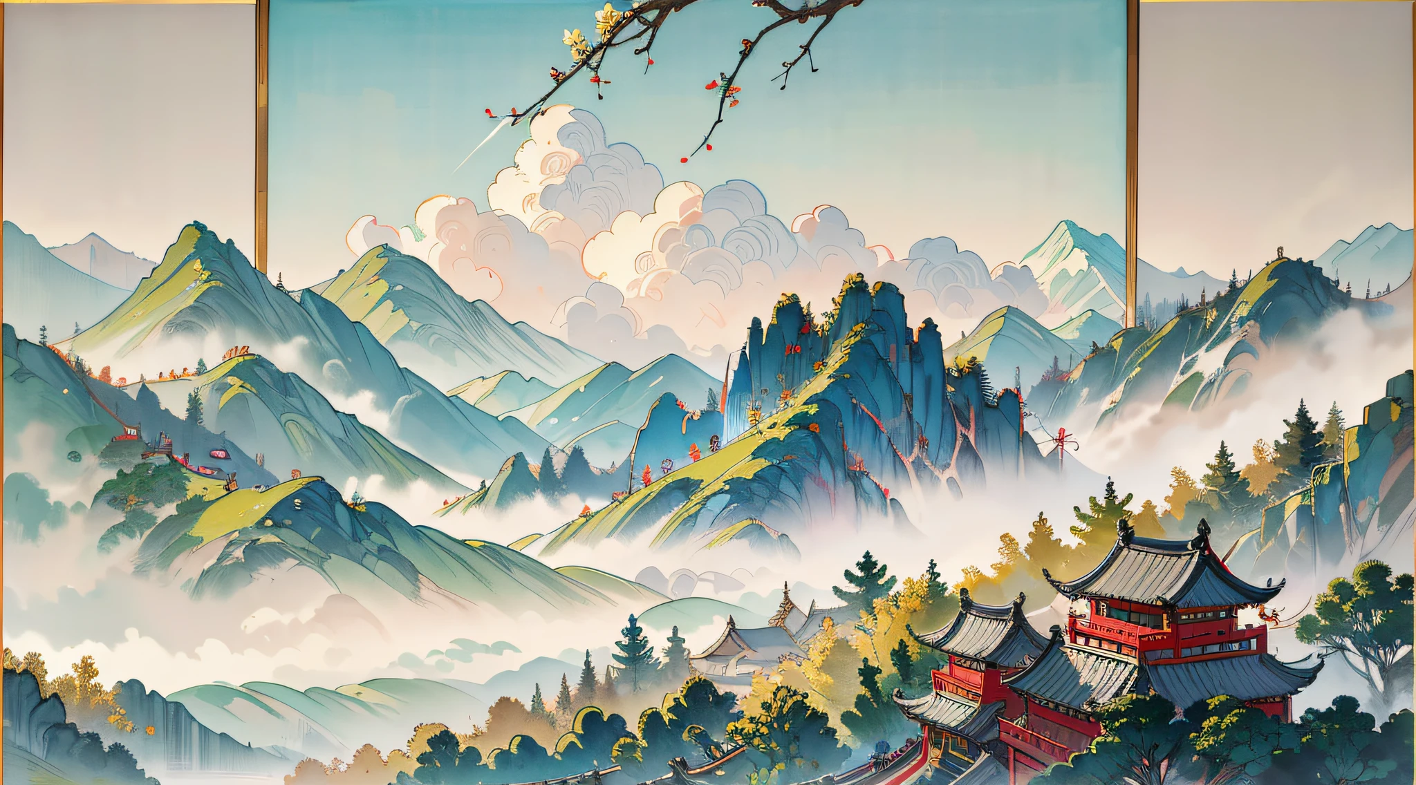 Ink wash painting of a serene mountain landscape featuring chrysanthemums during the Double Ninth Festival in China. The artwork is inspired by the style of Ni Chuanjing and showcases clean and vibrant colors. The ink wash technique is beautifully rendered with gentle and elegant brushstrokes, creating a sense of tranquility and harmony. The composition is carefully crafted with decisive cut-outs and deliberate use of empty spaces, allowing for a balanced and expressive depiction. This masterpiece captures every intricate detail of the scenery, presenting a visually stunning and high-quality artwork. The ancient aesthetics of the painting evoke a sense of nostalgia and traditional Chinese culture.