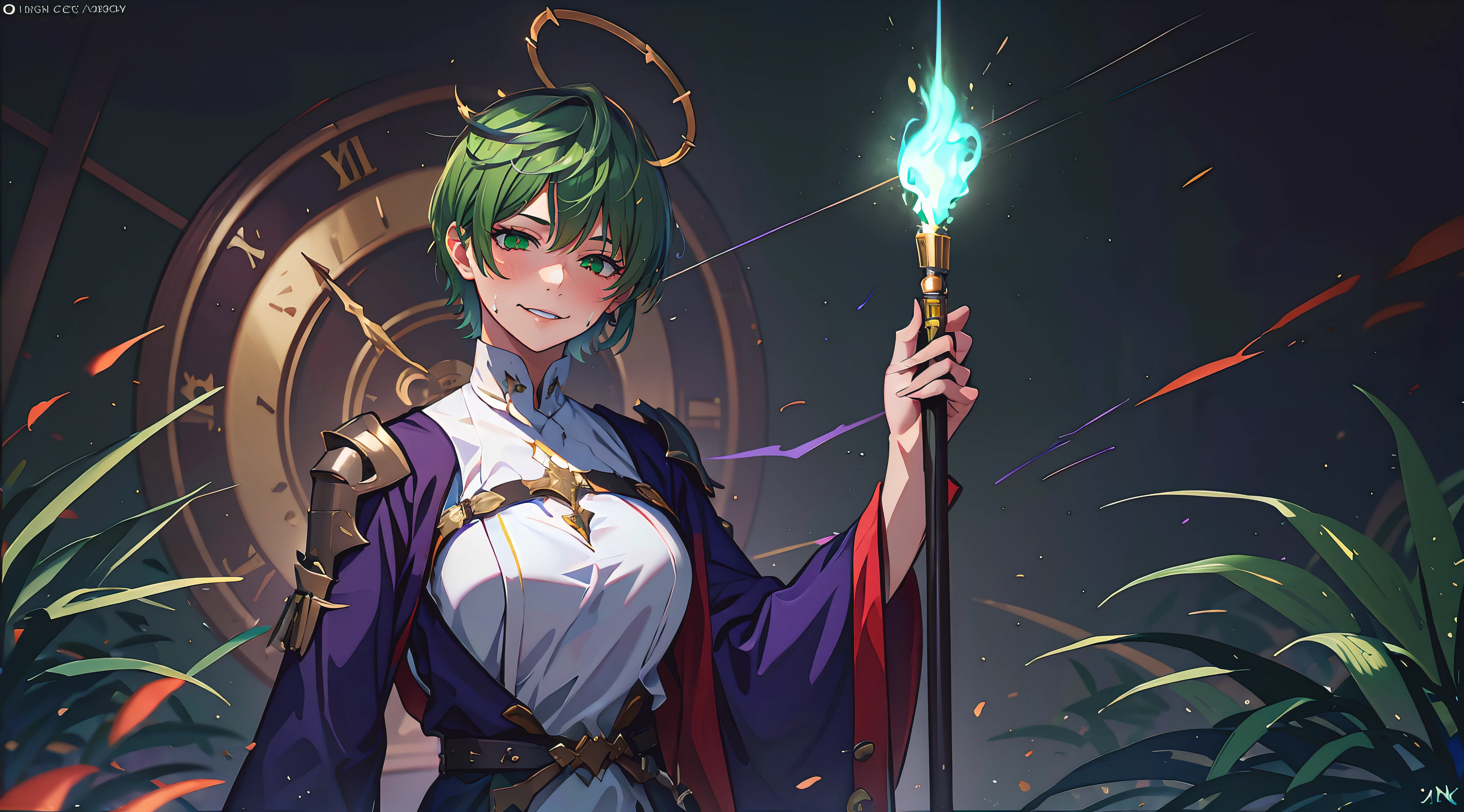 tenka izumo, (short hair, green hair:1.6), green eyes, multicolored hair, sweating, glowing eyes, heavy breathing, epic art, fantasy art, a woman standing in front of a clock holding a wand, a character portrait, by Yang J, pixiv contest winner, maya ali as a lightning mage, rendered in 4 k, npc with a saint's halo, illustrious, arcane art style, ( ( god king of ai art ) ), high detailed), hera, cunning expression, glow effects, godrays, Hand drawn, render, 8k, octane render, cinema 4d, blender, dark, atmospheric 4k ultra detailed, cinematic, Sharp focus, big depth of field, Masterpiece, colors, 3d octane render, 4k, concept art, trending on artstation, hyperrealistic, Vivid colors, extremely detailed CG unity 8k wallpaper, trending on CGSociety, Intricate, High Detail, dramatic,