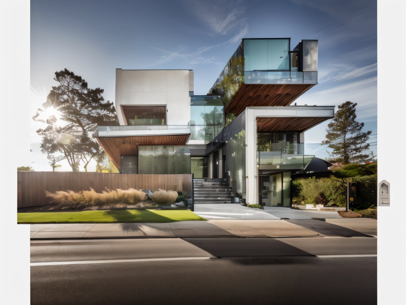 The exterior of house, Modem style, tress, sky night, road, dynamic (RAW photo, real, best quality, masterpiece:1.2), (hyper realistic, photo-realistic:1.2), high quality, (sun lighting:1.2), perfect lighting, archdaily