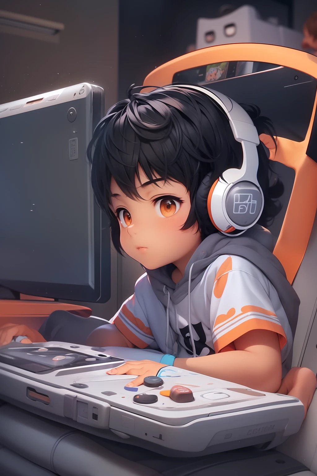 Cute boy with real black hair and orange eyes sitting at his desk playing video games in pajama jumpsuits, juego, Wearing headphones and looking back, Noche, dim room, Child, Shota, joven, Monitor brillante, descalzo, pies visibles, Pies lindos, Luces apagadas