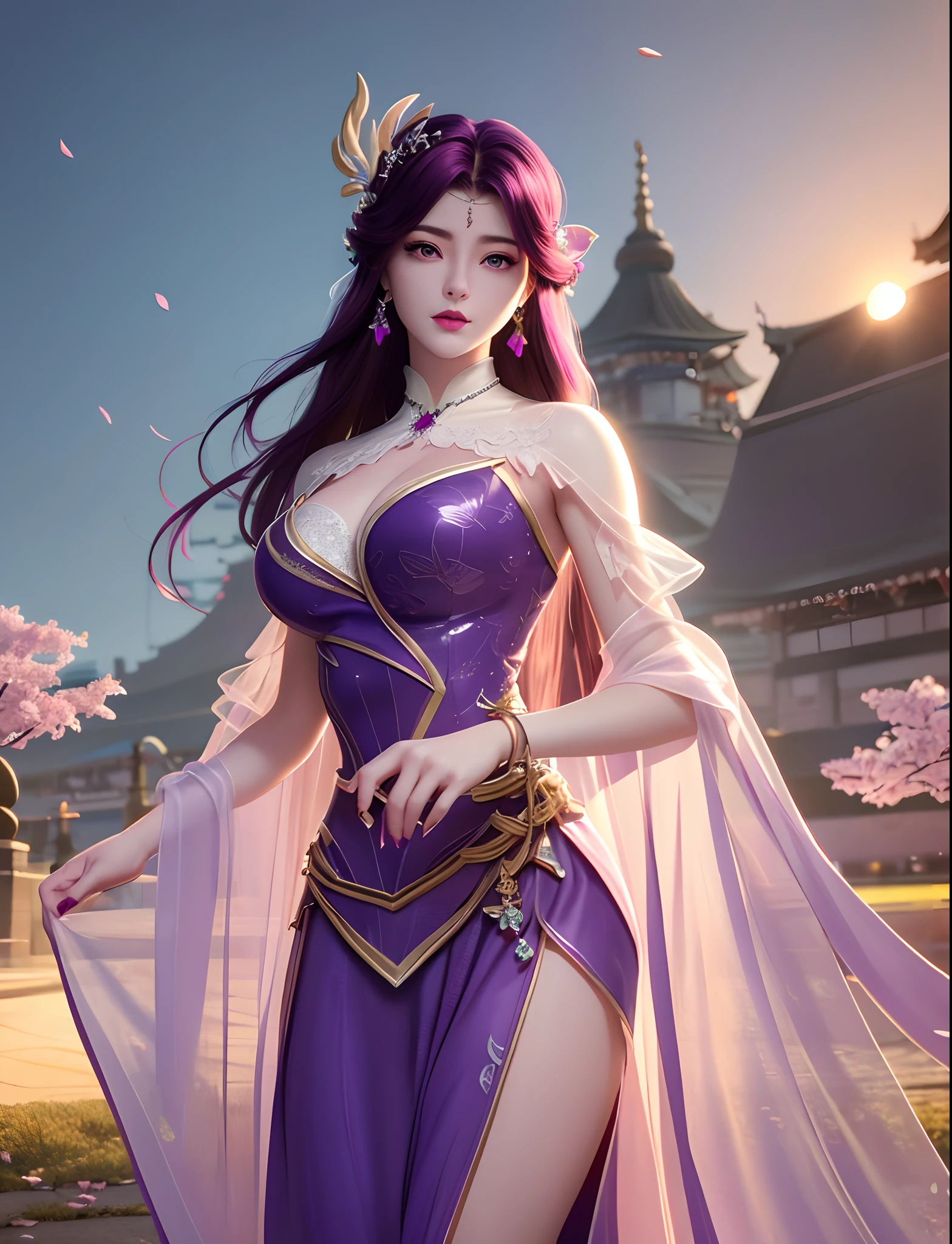 (,1girl, pov,best quality, ) , (((,1girl, solo, large breasts, looking at viewer, cherry blossoms,   , purple_hair, purple_eyes, long_hair, breasts, solo, cloud, jewelry, dress, sunset, sky ))) ultra realistic 8k cg, flawless, clean, masterpiece, professional artwork, famous artwork, cinematic lighting, cinematic bloom, perfect face, beautiful face, fantasy, dreamlike, unreal, science fiction, lace, lace trim, lace-trimmed legwear, luxury, jewelry, diamond, gold, pearl, gem, sapphire, ruby, emerald, intricate detail, delicate pattern, charming, alluring, seductive, erotic, enchanting, hair ornament, necklace, earrings, bracelet, armlet,halo,autumn,