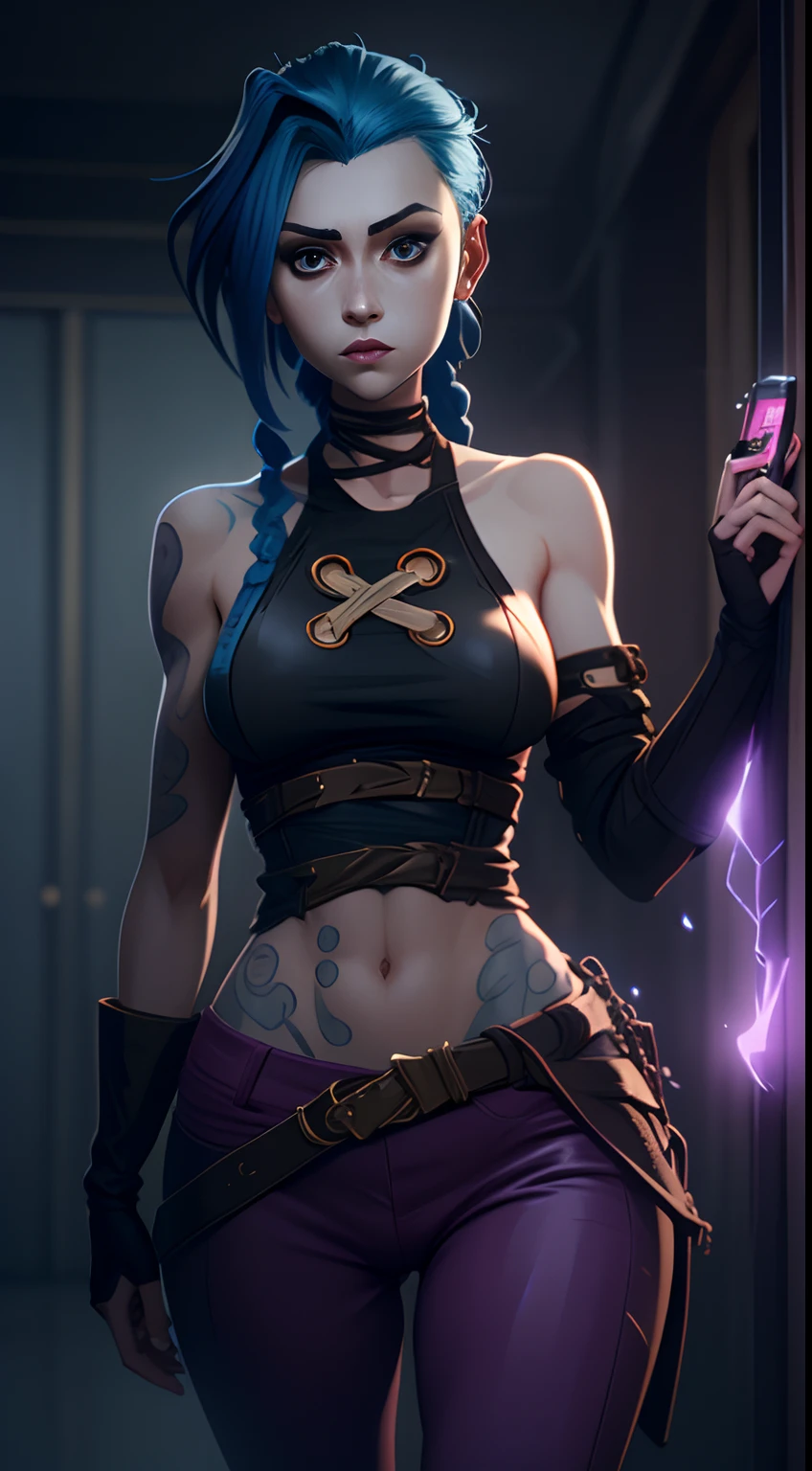 Jinx's character design, Dynamic movements, bare breast, covers the chest with his hands, Swollen ,  butt, kitty, sexypose, Beautiful figure, Arcane's Jinx, Bright blue and purple sparks all around, glowing eyes, Pink glowing eyes, hairlong, hairsh, braided into long braids, Pigtails hang below the knee, Hair color changes from bright blue to navy blue, Dressed in brown breeches, Leather boots on the feet, Top with four gold circles on the chest in the middle of the chest, Blue cloud tattoos on shoulders and waist, Long bangs, hanging on the right side, Belt with cartridges on the belt, Arcane style, extremely detailed CG unity 8k wallpaper, detailed light, Cinematic lighting, chromatic aberration, glittering, expressionless, epic composition, dark in the background, Cherecter Desing, Very detailed, Detailed body, Vibrants, Detailed Face, sharp-focus, anime art, Vibrants, Detailed Face, Hugh Details, sharp-focus, Very drooping face, A detailed eye, super fine illustration, better shadow, finely detail, Beautiful detailed glow, Beautiful detailed, Extremely detailed, expressionless, epic composition,