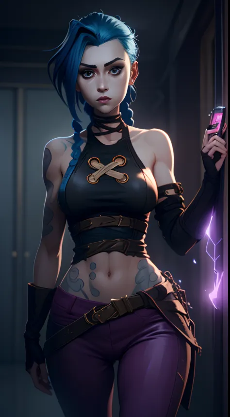 Jinx's character design, Dynamic movements, bare breast, covers the chest with his hands, Swollen ,  butt, kitty, sexypose, Beautiful figure, Arcane's Jinx, Bright blue and purple sparks all around, glowing eyes, Pink glowing eyes, hairlong, hairsh, braide...