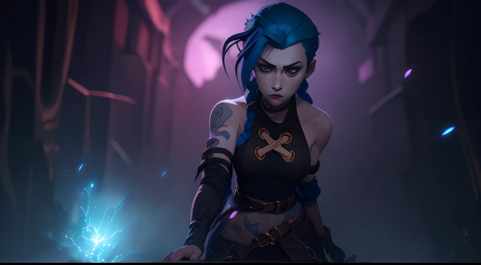 Jinx's character design, Dynamic movements, naked ass, bare breast, covers the chest with his hands, Swollen ,  butt, kitty, sexypose, Beautiful figure, Arcane's Jinx, Bright blue and purple sparks all around, glowing eyes, Pink glowing eyes, hairlong, hairsh, braided into long braids, Pigtails hang below the knee, Hair color changes from bright blue to navy blue, Dressed in brown breeches, Leather boots on the feet, Top with four gold circles on the chest in the middle of the chest, Blue cloud tattoos on shoulders and waist, Long bangs, hanging on the right side, Belt with cartridges on the belt, Arcane style, extremely detailed CG unity 8k wallpaper, detailed light, Cinematic lighting, chromatic aberration, glittering, expressionless, epic composition, dark in the background, Cherecter Desing, Very detailed, Detailed body, Vibrants, Detailed Face, sharp-focus, anime art, Vibrants, Detailed Face, Hugh Details, sharp-focus, Very drooping face, A detailed eye, super fine illustration, better shadow, finely detail, Beautiful detailed glow, Beautiful detailed, Extremely detailed, expressionless, epic composition,
