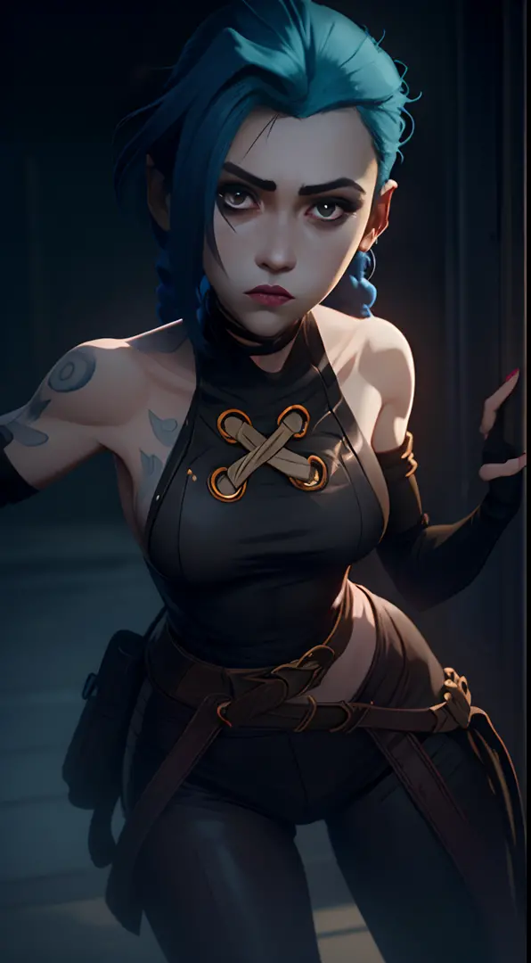 Jinx's character design, Dynamic movements, naked ass, bare breast, covers the chest with his hands, Swollen ,  butt, kitty, sexypose, Beautiful figure, Arcane's Jinx, Bright blue and purple sparks all around, glowing eyes, Pink glowing eyes, hairlong, hai...