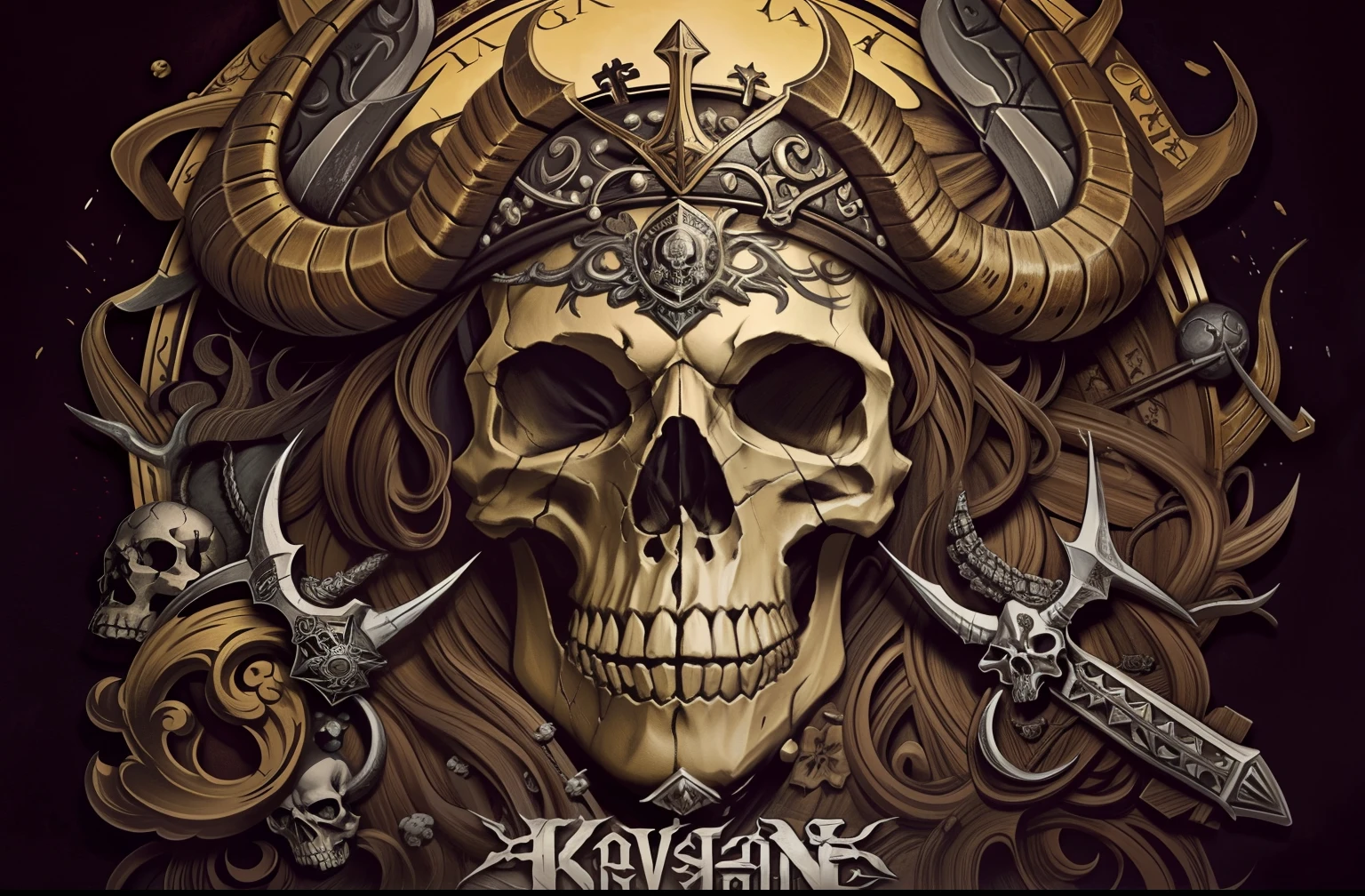 High resolution , extreme detail , 4k , HDR , a skull with horns and a crown on it's head, skull design for a rock band, dramatic artwork, brom digital art, el bosco and dan mumford, adorned with demon skulls, brom art, detailed cover artwork, official poster artwork, bone armor, metal album cover art, braavos, dnd cover art, ram skulls, detailed artwork, board game cover art