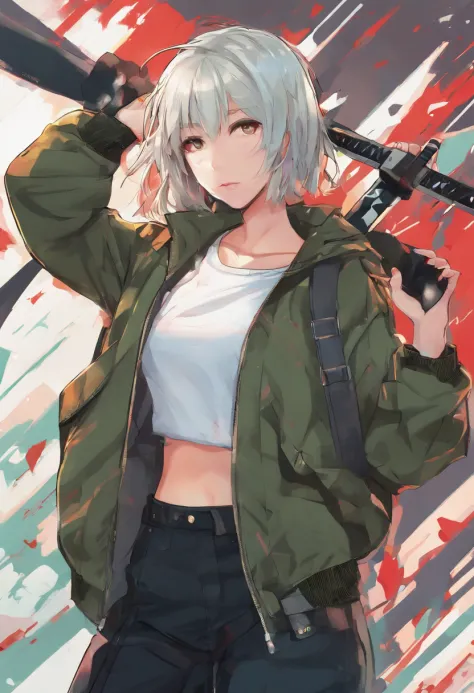 Half body shot in a dynamic, action pose. Cool, beautiful, youthful and sexy 20 year old woman wearing an army green bomber jacket holding a katana high, her head tilted slightly upwards, hair is graying white in a bob cut, midrib exposed. Cinematic compos...