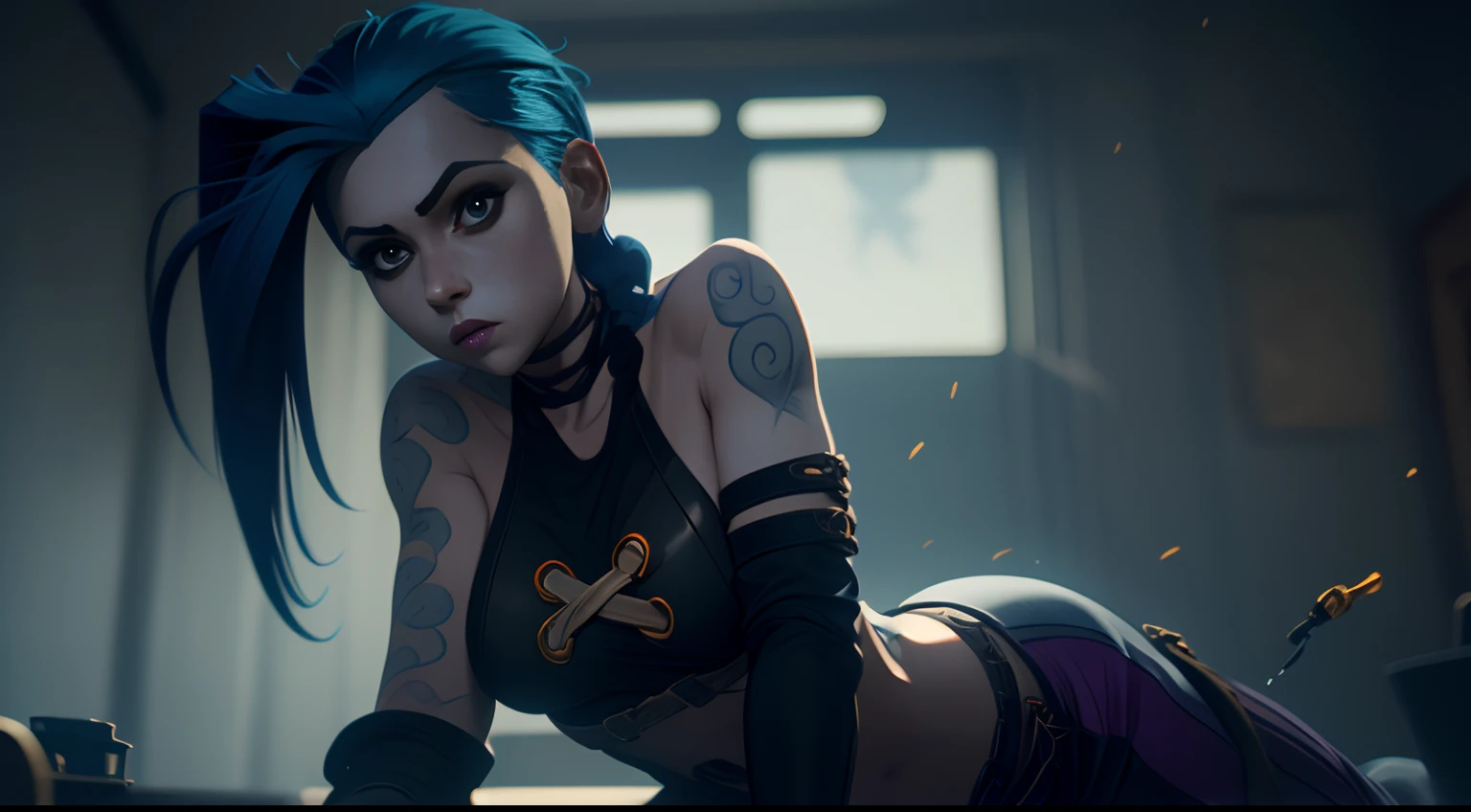 Diseño de personajes de Jinx., Movimientos dinámicos, culo desnudo, pecho desnudo, cubre el pecho con las manos, desear ,  culata, gatito, pose sexy, Hermosa figura, Jinx de Arcano, Chispas azules y violetas brillantes por todas partes., ojos brillantes, Pink ojos brillantes, cabello largo, pelo, trenzado en trenzas largas, Las coletas cuelgan debajo de la rodilla., El color del cabello cambia de azul brillante a azul marino., Vestido con pantalones marrones, Botas de cuero en los pies., Top con cuatro círculos dorados en el pecho en el medio del pecho., Tatuajes de nubes azules en hombros y cintura., flequillo largo, colgando del lado derecho, Cinturón con cartuchos en el cinturón., estilo arcano, Fondo de pantalla CG unity 8k extremadamente detallado, luz detallada, iluminación cinematográfica, aberración cromática, reluciente, Inexpresivo, Composición épica, oscuro en el fondo, Diseño Cherecter, Muy detallado, cuerpo detallado, Vibrante, cara detallada, enfoque nítido, arte animado, Vibrante, cara detallada, Detalles de Hugh, enfoque nítido, Cara muy caída, Un ojo detallado, ilustración súper fina, mejor sombra, finamente detalle, Hermoso detallado glow, Hermoso detallado, extremadamente detallado, Inexpresivo, Composición épica,