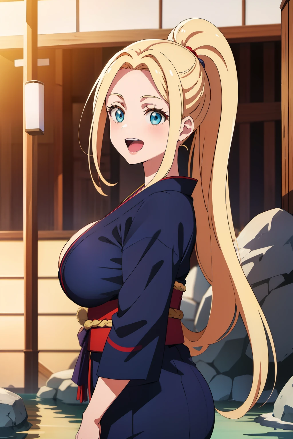 anime style, best quality, high resolution, 1girl, (huge breasts:1.2), beatrix amerhauser, long hair, blue eyes, blonde hair, ponytail, yukata, onsen, happy, smile, open mouth