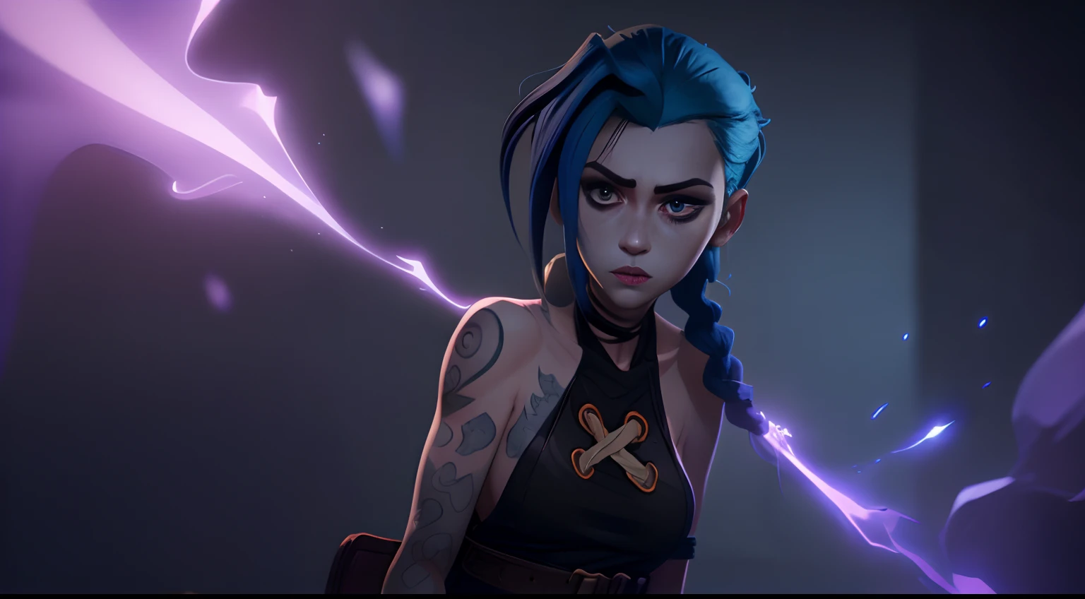 A woman with blue hair and tattoos standing in front of a purple light ...