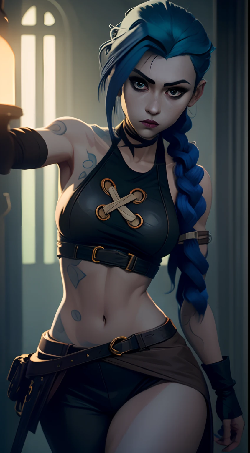 Jinx's character design, Dynamic movements, naked ass, bare breast, covers the chest with his hands, Swollen ,  butt, kitty, sexypose, Beautiful figure, Arcane's Jinx, Bright blue and purple sparks all around, glowing eyes, Pink glowing eyes, hairlong, hairsh, braided into long braids, Pigtails hang below the knee, Hair color changes from bright blue to navy blue, Dressed in brown breeches, Leather boots on the feet, Top with four gold circles on the chest in the middle of the chest, Blue cloud tattoos on shoulders and waist, Long bangs, hanging on the right side, Belt with cartridges on the belt, Arcane style, extremely detailed CG unity 8k wallpaper, detailed light, Cinematic lighting, chromatic aberration, glittering, expressionless, epic composition, dark in the background, Cherecter Desing, Very detailed, Detailed body, Vibrants, Detailed Face, sharp-focus, anime art, Vibrants, Detailed Face, Hugh Details, sharp-focus, Very drooping face, A detailed eye, super fine illustration, better shadow, finely detail, Beautiful detailed glow, Beautiful detailed, Extremely detailed, expressionless, epic composition,