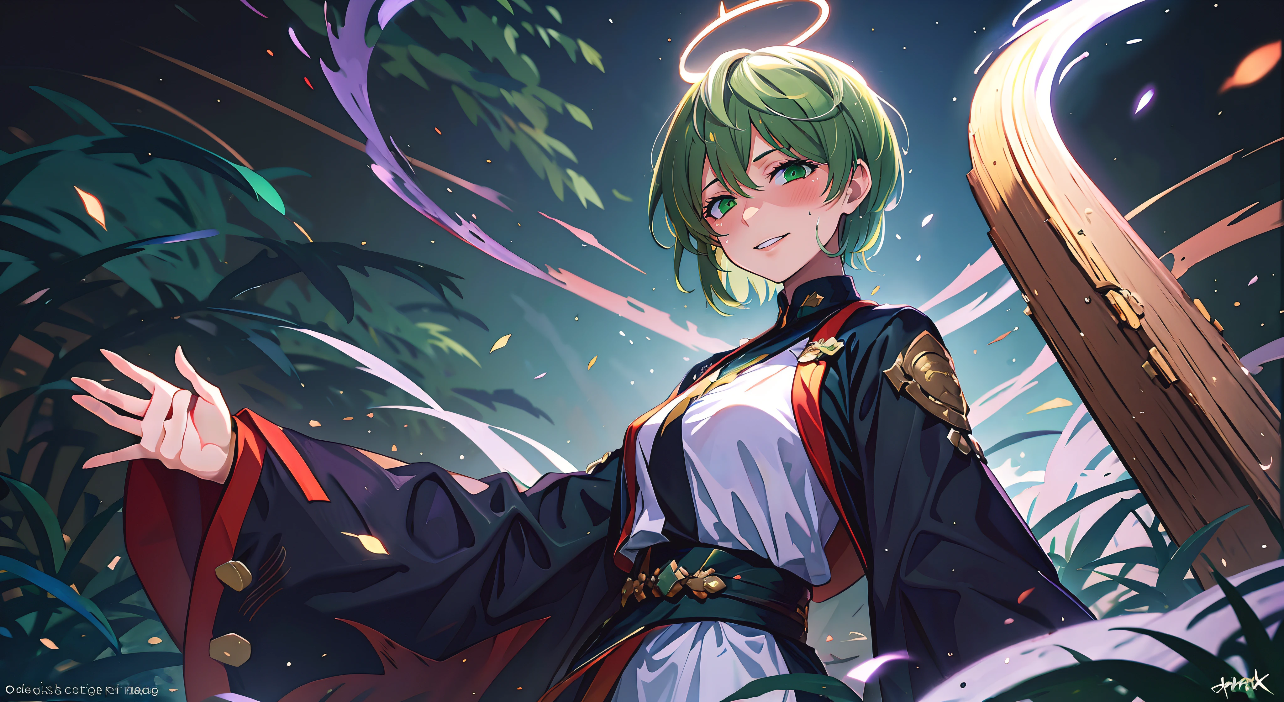 tenka izumo, (short hair, green hair:1.6), green eyes, multicolored hair, sweating, glowing eyes, heavy breathing, epic art, fantasy art, a woman standing in front of a magic portal holding a wand, a character portrait, by Yang J, pixiv contest winner, maya ali as a lightning mage, rendered in 4 k, npc with a saint's halo, illustrious, arcane art style, ( ( god king of ai art ) ), high detailed), hera, cunning expression, glow effects, godrays, Hand drawn, render, 8k, octane render, cinema 4d, blender, dark, atmospheric 4k ultra detailed, cinematic, Sharp focus, big depth of field, Masterpiece, colors, 3d octane render, 4k, concept art, trending on artstation, hyperrealistic, Vivid colors, extremely detailed CG unity 8k wallpaper, trending on CGSociety, Intricate, High Detail, dramatic,