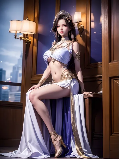 A young woman, Dressed in a flowing white dress, Long black hair ran down her back. She wears a headdress decorated with precious stones, White lace wrapped around her abdomen, expose bare belly. She sits gracefully in the bustling city, In front of the bl...