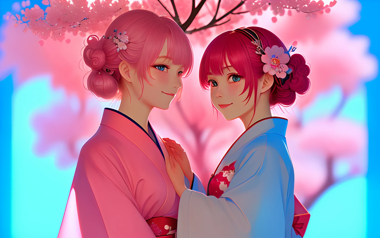 (masutepiece, Best Quality:1.2), POV, Solo Focus, Upper body, 1girl in, Put your hand on someone else's cheek, Smile, Pink hair, Blue eyes, komono, Kimono, The cherry tree